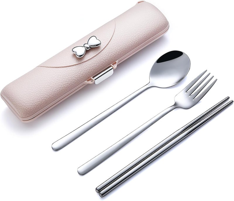 DEVICO Travel Silverware Set with Case, Portable Lunch Utensils Set for Work, Reusable Travel Cutlery Set, 18/8 Stainless Steel Flatware for Caming School Picnic, Dishwasher Safe (Pink) - Image 1